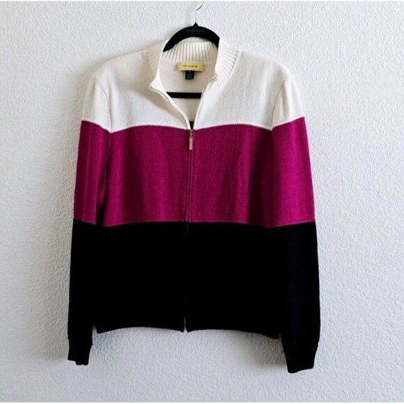 St. John Collection Wool Blend Size XL Color Block Zip-Up Cardigan Sweater - Picture 1 of 14